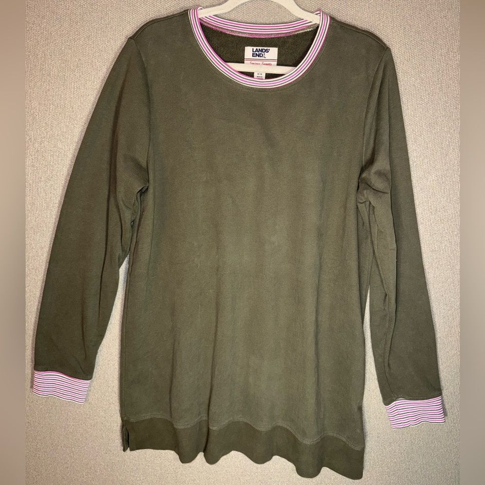 Lands' End serious sweats size L/T Olive Crew Neck Sweater with Pink Accents